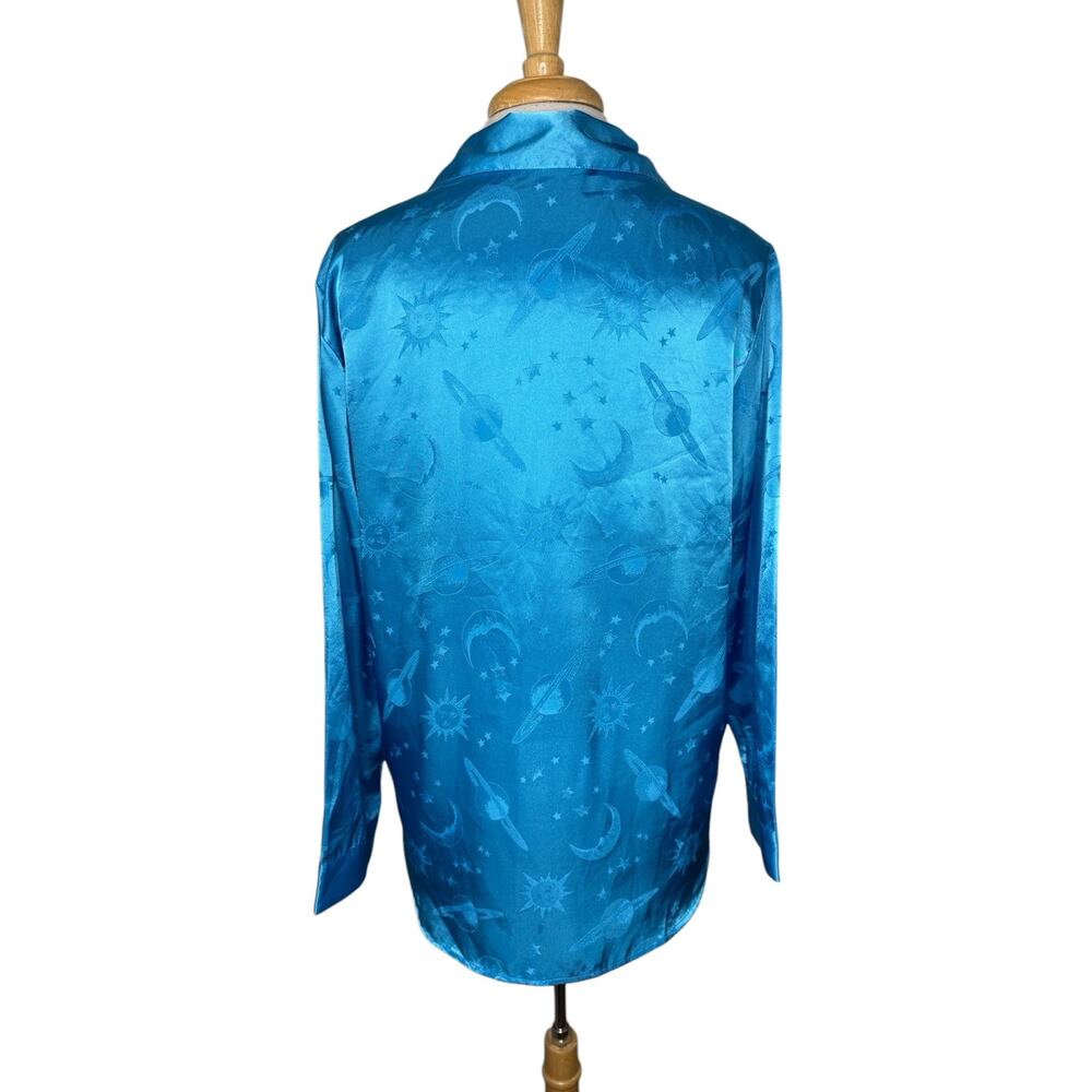 Vintage Blue Satin Celestial Blouse Size Medium Women Moon Stars Sun Planets - Picture 3 of 10